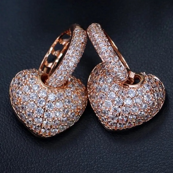 Gold Zircon Heart Dangle Earrings - Picture 3 of 6